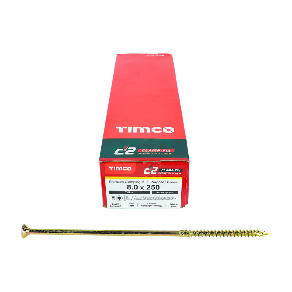 C2 Clamp-Fix Structural Timber Screw TX Twin-Cut Yellow 8mm x 250mm 50 Pack